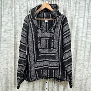 Artesanias Mickey Baja Hoodie Black White Mens Large Striped Pullover EUC